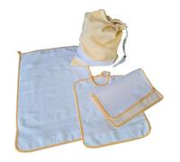 OM DOLCE CASA Set asilo 4 pezzi sacca + bavaglia + salvietta + omaggio porta bavaglia colore Azzurro verde giallo rosso blu in cotone (GIALLO RICAMATO)
