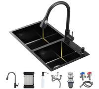 OM Lavello da cucina a doppia vasca in acciaio inox con rubinetto estraibile barra multifunzione e set di accessori completo a doppio montaggio (colore: nero, dimensioni 72 x 40 x 21 cm)