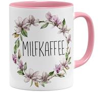 OM3 Divertente caffè milf tazza da caffè con scritta - fiori floreali - tazza in ceramica - 325 ml - stampa su entrambi i lati - rosa