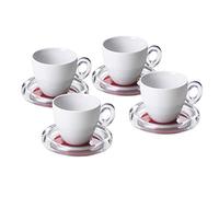 Omada Design Set 4 Tazze da The in Porcellana, Tazza da tè da 20cl, Piattini e Manico in Acrilico, Made in Italy, Linea Crystal, Rosso