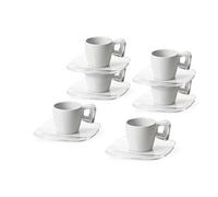 Omada Design Set di 6 Tazzine da Caffè con Manico e Piattini, in Porcellana e plastica, Lavabili in Lavastoviglie, Linea Square, Bianco