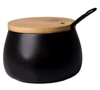 OMAGO® Zuccheriera con cucchiaino, in ceramica nera, per servire lo zucchero con caffè e tè, nera, con coperchio che protegge dall'umidità e dalla dispersione.