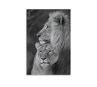 OmAju Poster con leonessa e leone maschio in bianco e nero, stampa su tela, decorazione artistica da parete, decorazione per la casa e il soggiorno, idea regalo, 50 x 75 cm