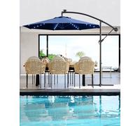 Ombrello a sbalzo da 3 m con luci solari per 2-6 persone, design offset esterno con inclinazione infinita e sollevamento a manovella, resistente allo sbiadimento, grande ombrello da patio per terrazza