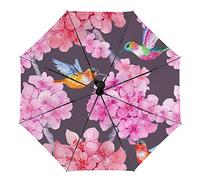 Ombrello automatico da viaggio con fiori di rosa e colibrì, illustrazione ad acquerello, compatto, pieghevole, reversibile, idrorepellente, da golf, antipioggia, protezione UV, ombrello leggero