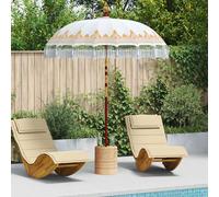 Ombrellone da giardino balinese crema con base naturale Ø 180/190 cm, tenda in cotone, struttura in legno, stabilità ponderata, uso esterno, stile tropicale, design per ombreggiare il giardino, coper