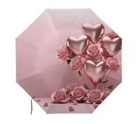 Ombrello compatto a forma di cuore con rose rosa e palloncini, idrorepellente. Apertura e chiusura automatica con un solo clic. Portatile, può essere riposto in una valigetta, uno zaino o una valigia.