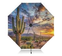 Ombrello compatto con protezione UV e paesaggio al tramonto con cactus, per pioggia e sole, apertura e chiusura automatica, protezione UPF 50+, antivento, portatile, 46 pollici, per donne e uomini