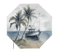 Ombrello compatto idrorepellente con motivo palme e barca da pesca, apertura e chiusura automatica con un clic, portatile. L'ombrello da viaggio può essere riposto in una valigetta, uno zaino o una va