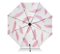 Ombrello compatto pieghevole nero con piume rosa chiaro e antivento, protezione solare, resistente al vento, con copertura per pioggia e sole