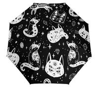 Ombrello completamente automatico con motivo gatti e streghe di Halloween, antivento, con protezione UV, idrorepellente, design compatto ideale per i viaggi, regalo elegante per tutte le occasioni.
