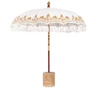 Ombrello da patio balinese Ø 210 220cm con base in cotone crema e legno. Perfetto per l'estate all'aperto, ha un design artigianale. È resistente, ben montato e offre un'ottima protezione dal sole.