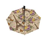 Ombrello da viaggio per pioggia e sole, ombrello vintage con farfalle e fiori di Parigi, antivento, compatto, pieghevole al contrario, per donne e bambini, grazioso ombrello piccolo con apertura