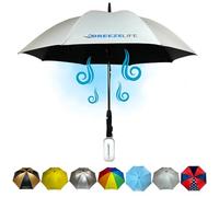 Ombrello grigio con ventilatore e nebulizzatore. Un ventilatore portatile che blocca il 99,9% di tutti i raggi UVA e UVB. Protezione solare esterna personale per festival, spiaggia, golf o altre