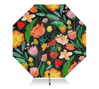 Ombrello inverso antivento con foglie floreali colorate nere antivento ombrello compatto nero UV per camminare ombrello robusto invertito ombrello automatico per pioggia sole con copertura