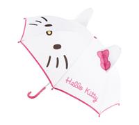 Hello Kitty - Ombrello manuale per bambini, con orecchie e fiocco 3D, colore bianco e rosa, struttura in fibra di vetro resistente, licenza ufficiale, ideale per pioggia e scuola, taglia unica
