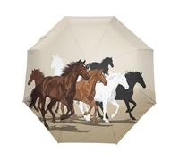 Ombrello marrone a forma di cavallo, adatto per borsa e zaino | Ombrello tascabile con una sola mano, stampa rivolta verso l'esterno, da donna fino a 28 cm