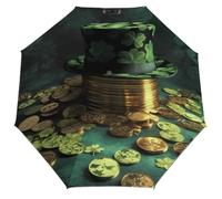Ombrello pieghevole automatico con cappello verde e monete d'oro | Asta con pulsante di apertura/chiusura automatica per uomo e donna, impermeabile, flessibile e robusto, ombrello da viaggio con cust