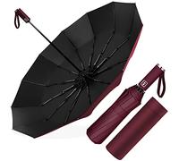 Ombrello Pieghevole Automatico, Ombrello Antivento Portatile, Ombrello Grande da Pioggia 12 Stecche Rinforzate per Uomo Donna, Diametro 105cm (Vino Rosso)