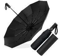 Ombrello Pieghevole Automatico, Ombrello Antivento Portatile, Ombrello Grande da Pioggia 12 Stecche Rinforzate per Uomo Donna, Diametro 105cm (Nero)