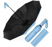 Ombrello Pieghevole Automatico, Ombrello Antivento Portatile, Ombrello Grande da Pioggia 12 Stecche Rinforzate per Uomo Donna, Diametro 105cm (Azzurro)