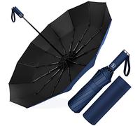 Ombrello Pieghevole Automatico, Ombrello Antivento Portatile, Ombrello Grande da Pioggia 12 Stecche Rinforzate per Uomo Donna, Diametro 105cm (Blu scuro)