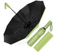 Ombrello Pieghevole Automatico, Ombrello Antivento Portatile, Ombrello Grande da Pioggia 12 Stecche Rinforzate per Uomo Donna, Diametro 105cm (Verde)