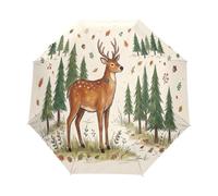 Ombrello pieghevole beige con cervo dei cartoni animati, leggero 3 volte | Ombrello antivento con stampa rivolta verso l'esterno, copertura ad arco da 95 cm, apertura e chiusura con una mano, 293 g