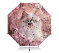 Ombrello pieghevole compatto da viaggio con gatto rosa e ciliegia, portatile, protezione UV, leggero, per sole e pioggia