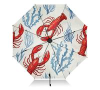 Ombrello pieghevole da viaggio con aragoste rosse e alghe blu, ombrello compatto nero per sole, ombrello automatico per pioggia e sole