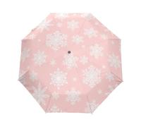 Ombrello pieghevole rosa con fiocco di neve stile cartone animato | Design a 3 pieghe e stampa rivolta verso l'esterno, ombrello che si adatta a una borsa o uno zaino
