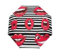 Ombrello rosso a forma di labbra con cartoni animati, adatto per borsa e | Funzionamento con una sola mano e motivo audace su tutta la superficie, ombrello pieghevole che si adatta a una borsa o uno