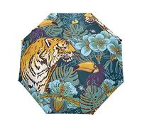 Ombrello tropicale Foglia di Palma Tigre Toucan Antivento 3 Piegare Ombrello Auto Open Close per Donne Uomini Ragazzi Unisex Ultraleggero Viaggi Esterni Ombrello