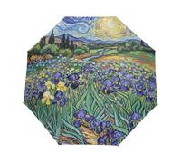 Ombrello viola di viaggio del fiore astratto, chiusura aperta automatica | Ombrello pieghevole per passeggiate con il cane, asta in alluminio e stecche in fibra di vetro, funzionamento con una sola