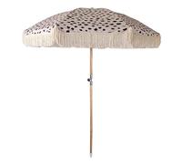 Ombrellone 200 cm, 8 stecche in fibra di vetro 8.0 mm. Palo in legno di faccio con tilt inclinabile. Materiale Canvas, waterproof, protezione UV50+, con frangia in cotone da 15 cm. Fantasie pois.