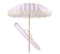 Ombrellone A Righe Bianche Rosa 2M Ombrellone Da Spiaggia Di Lusso Retrò Ombrellone Da Giardino Con Frange, Ombrello In Poliestere Protezione Solare, Ombreggiatura Romantica Piscina Cortile Mare