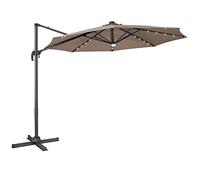 Ombrellone da giardino da 3 m con luci, ombrellone a sbalzo regolabile in 3 posizioni con LED ad energia solare, base a croce e manovella, parasole con rotazione a 360° for patio e balcone.(Coffee)