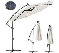 BAKAJI Ombrellone da Giardino Terrazzo con Luce 32 LED e Pannello Solare Dimensioni 3x3 Mt Richiudibile Palo Laterale Decentrato Acciaio Base Croce in Tessuto Anti UV (Beige)