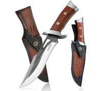 Omesio Outdoor Knife Large Survival Knife è realizzato in acciaio inossidabile AST, coltello da caccia da 28,5 cm con lama fissa e manico in legno e fodero in pelle, con confezione regalo.