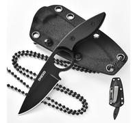 Omesio S-SY Coltello Da Collo, Acciaio 5cr13mov, Lunghezza Lama 6 Cm, Codolo Pieno, Manico in G10, Coltello Piccolo Con Fodero in Kydex, Catena a Sfera E Clip Da Cintura, Nero Completo EDC