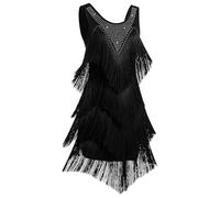 OMEWEE Abito da danza da donna, senza maniche, con strass, nappa, latina, con frange, stile gatsby anni '20, con frange, vintage, con flapper per cocktail, feste, samba latina, salsa cha, Nero , L