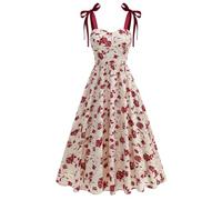 OMEWEE Abito da donna con fiori, sexy, scollo a cuore, senza maniche, con spalline sottili, per il tempo libero, elegante, linea ad A, per cocktail, feste, lunghi, Motivo floreale rosso, M