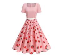 OMEWEE Rockabilly, abito da donna vintage anni '50, a maniche corte, stile vintage, a pois, linea A-Line, elegante, lunghezza al ginocchio, per matrimoni, feste, per feste, Rosa fragola., M