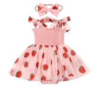 OMEWEE Vestito da compleanno per neonata con fascia e spalline sottili, abito a balze con punto smock senza maniche in tulle, pagliaccetto per feste e feste, Rosa-fragola, 18 mesi