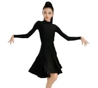 Omfpafeu Abito da Ballo Latino per Bambina Costume da Ballerina Professionista Scollo Tondo Maniche Lunghe Abito da Tango Rumba cha-cha Salsa,Nero,140