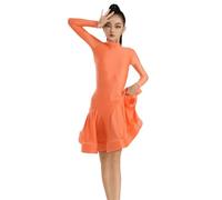 Omfpafeu Abito da Ballo Latino per Bambina Costume da Ballerina Professionista Scollo Tondo Maniche Lunghe Abito da Tango Rumba cha-cha Salsa,Arancia,150