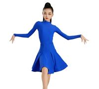 Omfpafeu Abito da Ballo Latino per Bambina Costume da Ballerina Professionista Scollo Tondo Maniche Lunghe Abito da Tango Rumba cha-cha Salsa,Blu,160