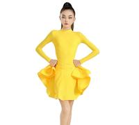 Omfpafeu Abito da Ballo Latino per Bambina Costume da Ballerina Professionista Scollo Tondo Maniche Lunghe Abito da Tango Rumba cha-cha Salsa,Giallo,140