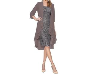 Omfpafeu Abito da invitata a Un Matrimonio in Due Pezzi per Donna: Abito da Madre della Sposa Elegante Abito in Pizzo con Giacca in Chiffon,Grigio,M