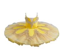 Omfpafeu Abito da Spettacolo di Danza Classica per Bambine, tutù da Pancake con Piatto da Balletto, Abito da Competizione per Feste di Ballerine per Bambini,Giallo,160